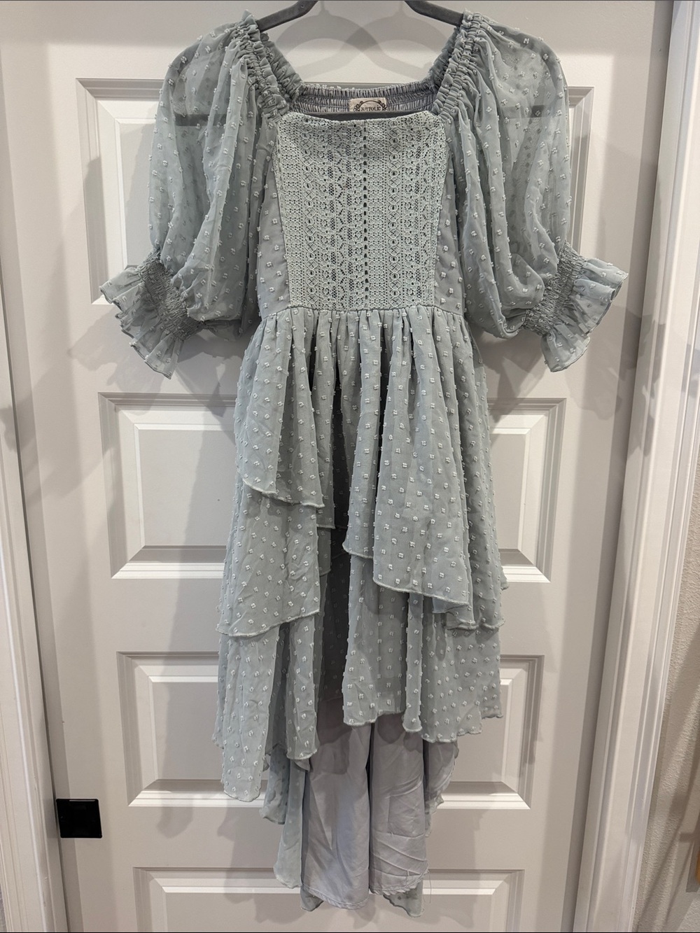 Joyfolie Layered Swiss Dot High-Low Dress in Light Blue